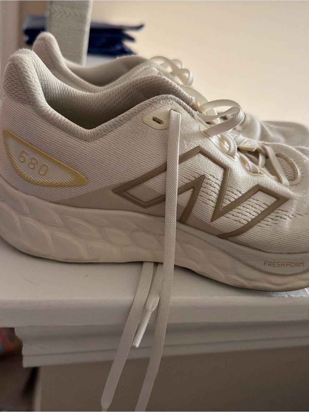 New Balance Women's Cream and Gold 680 Fresh Foam Running Shoes
